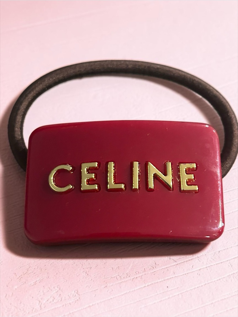 Celine Burgundy Plaque Logo Hair Tie with Gold Letters